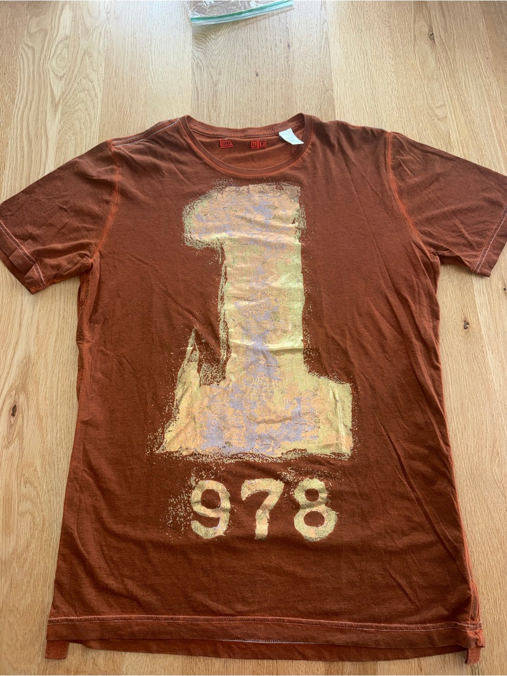 Diesel Men's Rust Short-Sleeve Tee with Metallic Gold Number Print